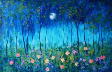 Landscapes Painting - moon blue woods flowers garden decor scenery wall art nature landscape